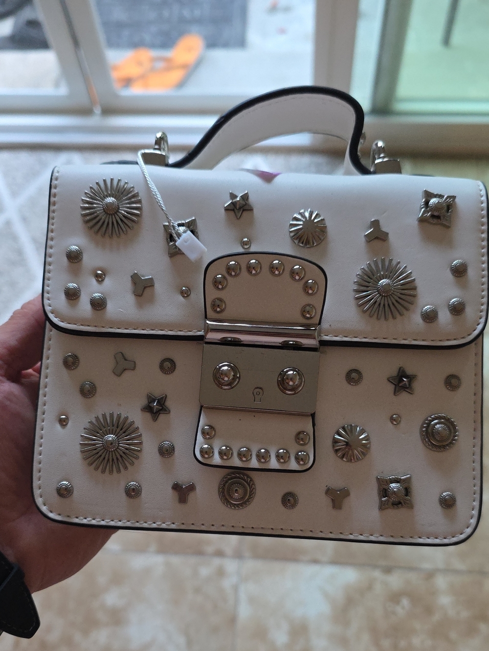White Studded Top-Handle Satchel with Silver Hardware